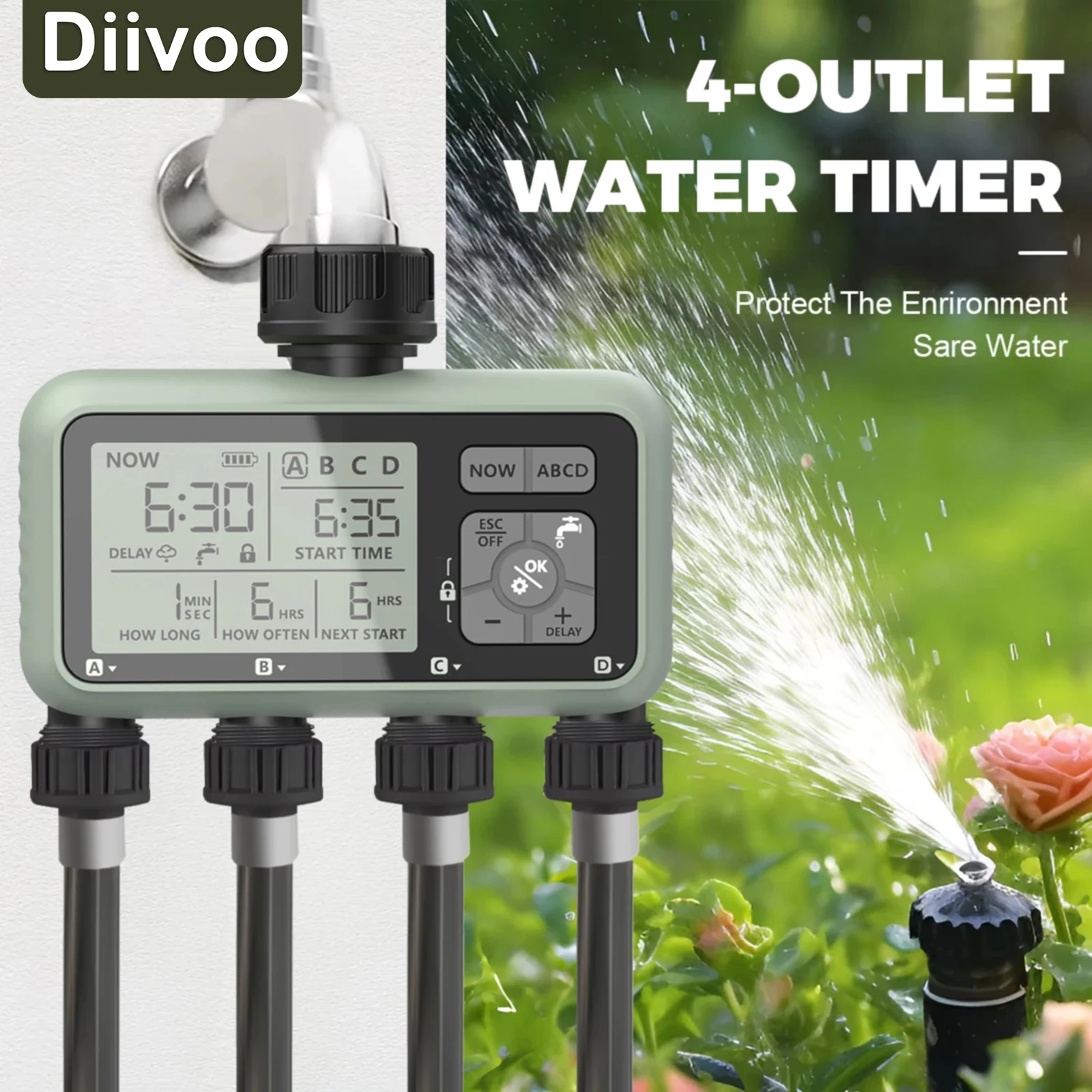 【セール中】Diivoo ウォータータイマー 4 ゾーンガーデンプログラム可能な自動灌漑タイマー 雨遅延付き 手動/自動モード芝生庭用散水