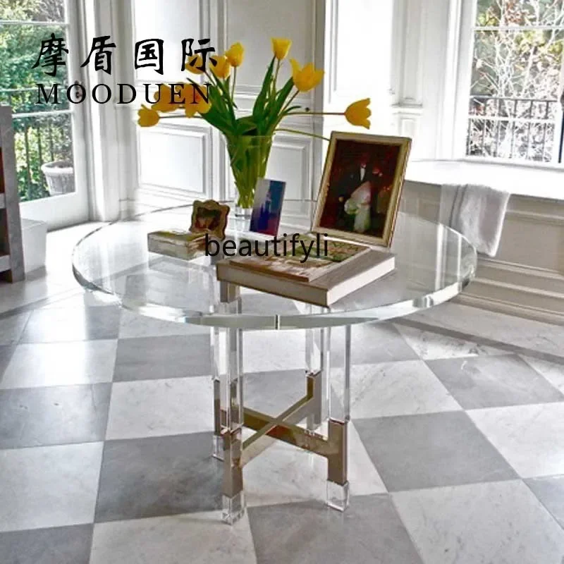 178Transparent acrylic dining table Round dining table Household stainless steel base Dining table2936