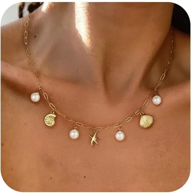 

Necklace for Women,Dainty 14K Gold Plated Starfish Seashell Necklace Simple Gold Beach Necklaces for Women Trendy Beach Jewelry