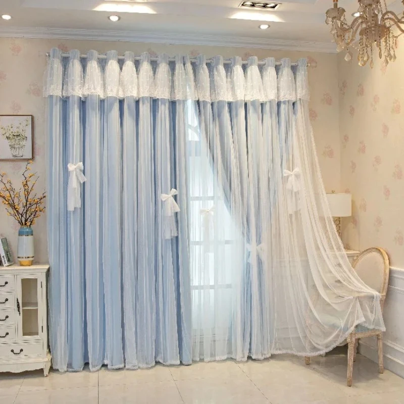 French Cream Princess Style Blackout Curtains for Bedroom Living Room Girl Dream Double Layer Chenille Drapes