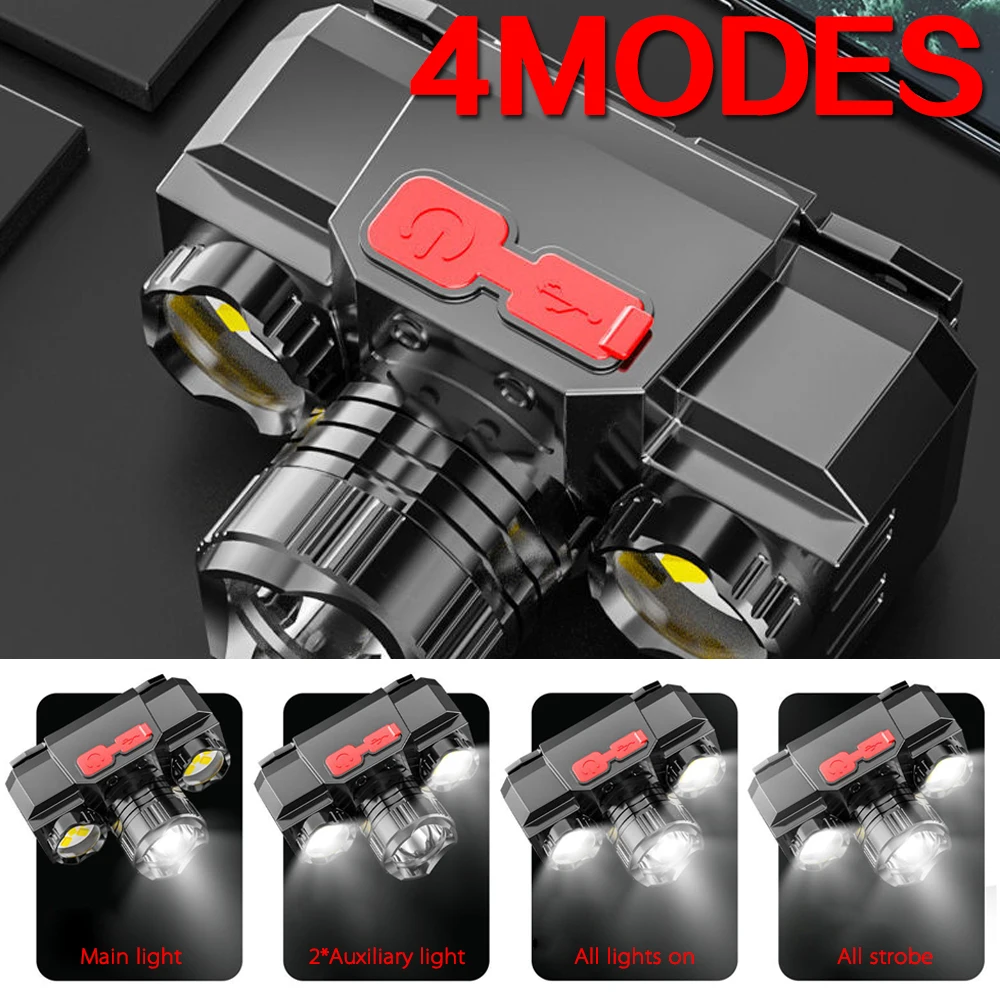 Powerful LED Headlight USB Rechargeable Headlight OSL LED + Side Lights 4 Modes Waterproof Headlight with Built-in Battery