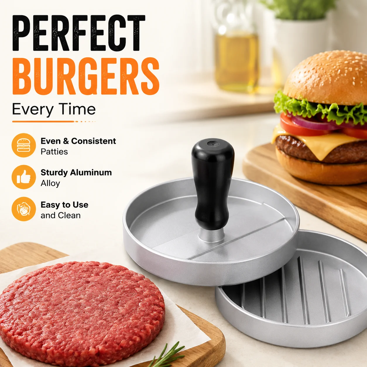 Burger Patty Press, Aluminum Alloy Manual Burger Maker with Filling Tool, Black Handle, Hamburger Mold for Breakfast Pancake