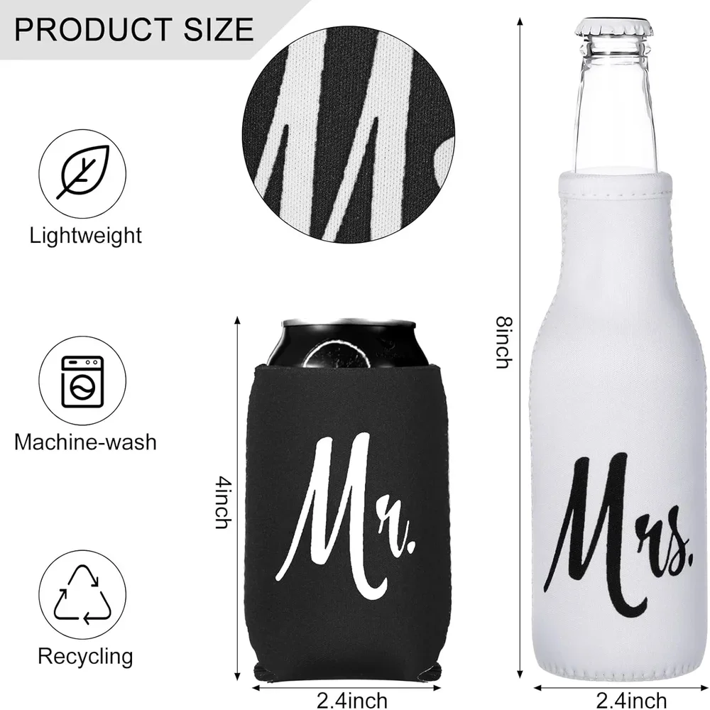 6-Pack Mr and Mrs Gifts Set with Bride and Groom Caps Couples Beer Bottle Coolies and Can Coolers for Wedding Party Supplies