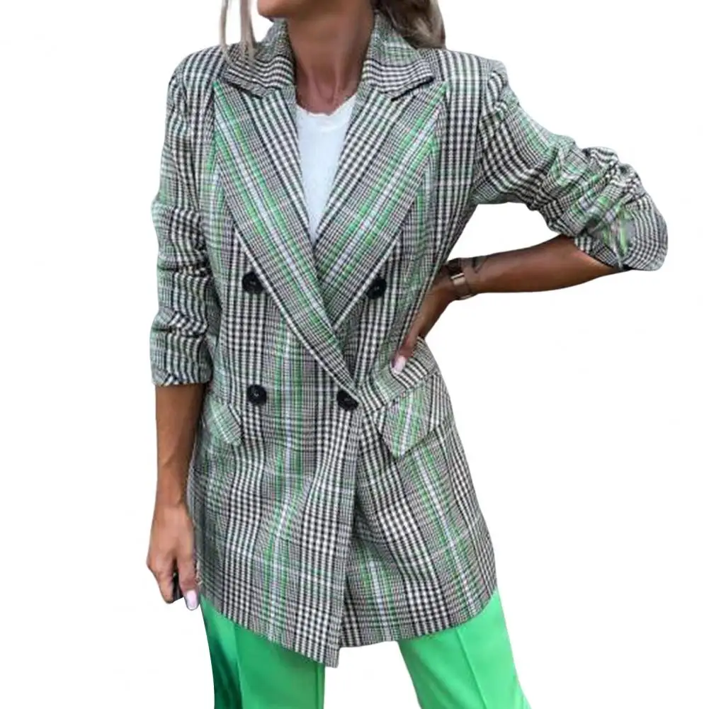 Lapel Plaid Print Winter Blazer Solid Color Flap Pockets Double Breasted Suits Female Office Mid-Length Blazer Formal