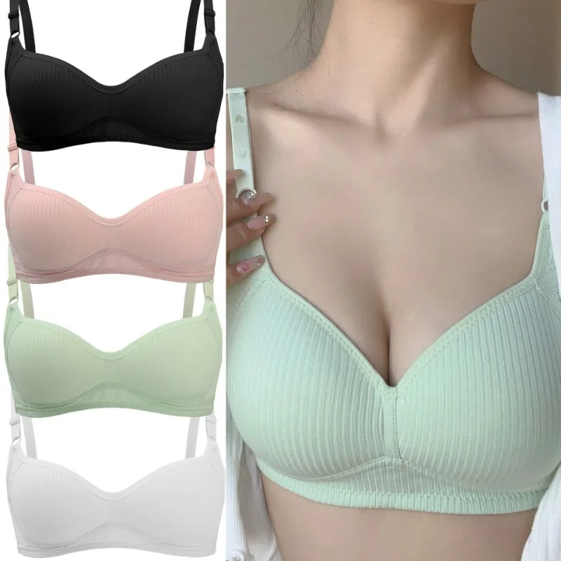 Cotton No Steel Ring Bra for Women Summer Breathable Light Color Plus Size Bras Girls Gathered Chest Lift Fashion Underwear