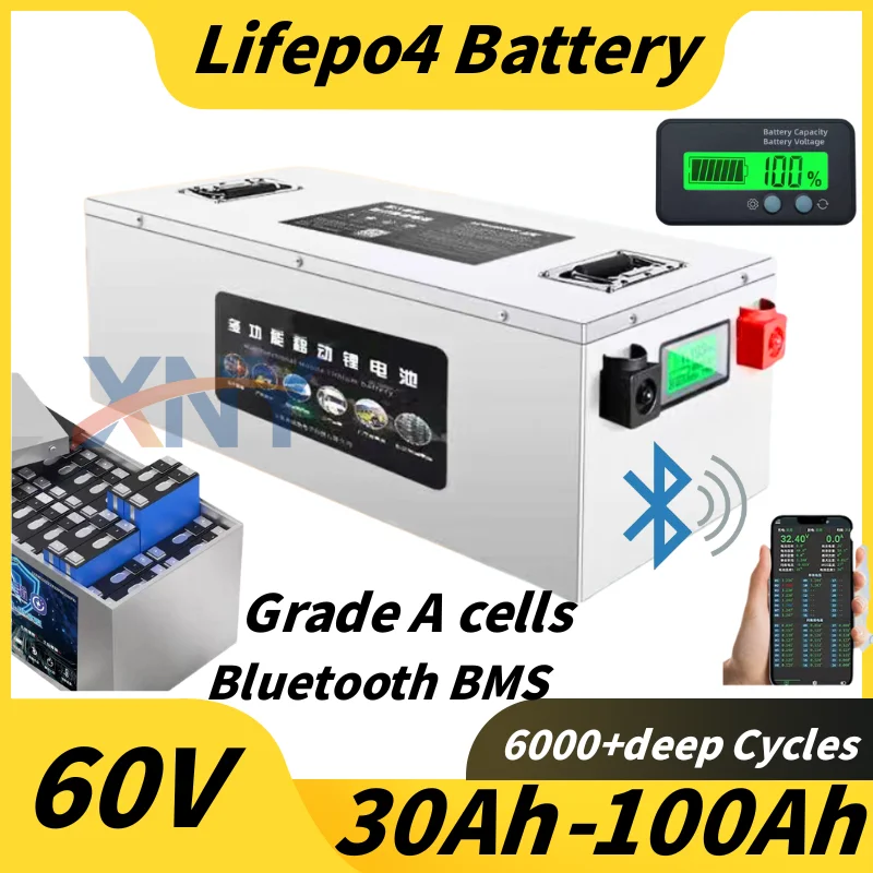 

60 В 30 Ач аккумулятор 40 Ач 50 Ач 60 Ач 70 Ач 80 Ач 90 Ач 100 Ач литиевый Lifepo4 для 1800 Вт 3000 Вт двухколесного мотоцикла, скутера, трехколесного велосипеда