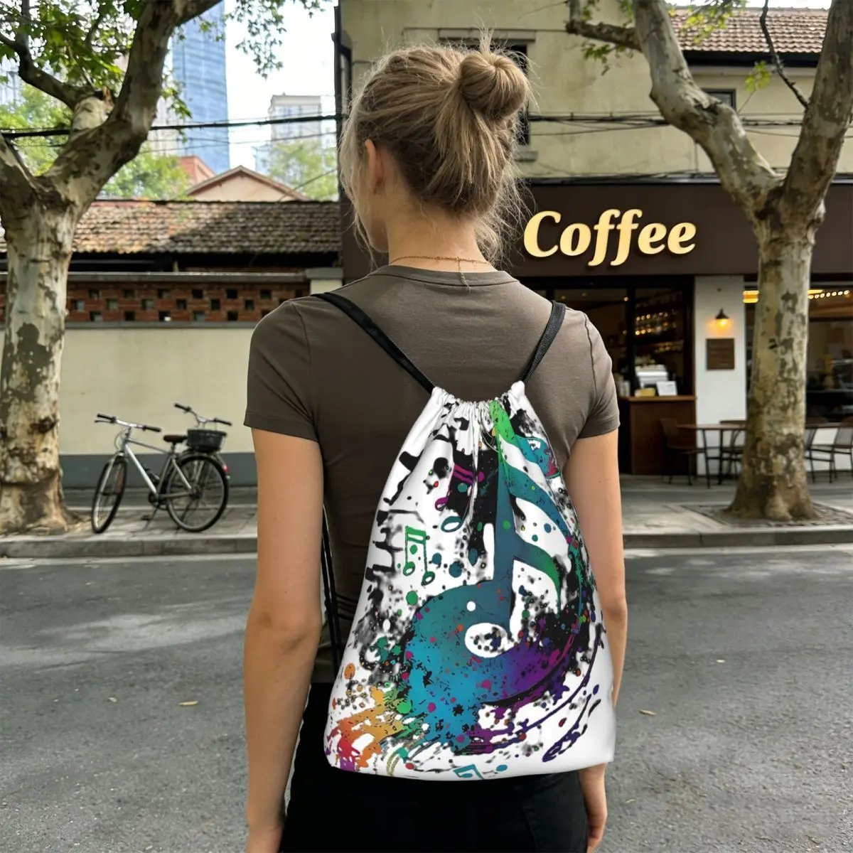 Splash Ink Music Note Backpacks Casual Drawstring Bundle Pocket Storage Bag Book Bags for Man Woman Students