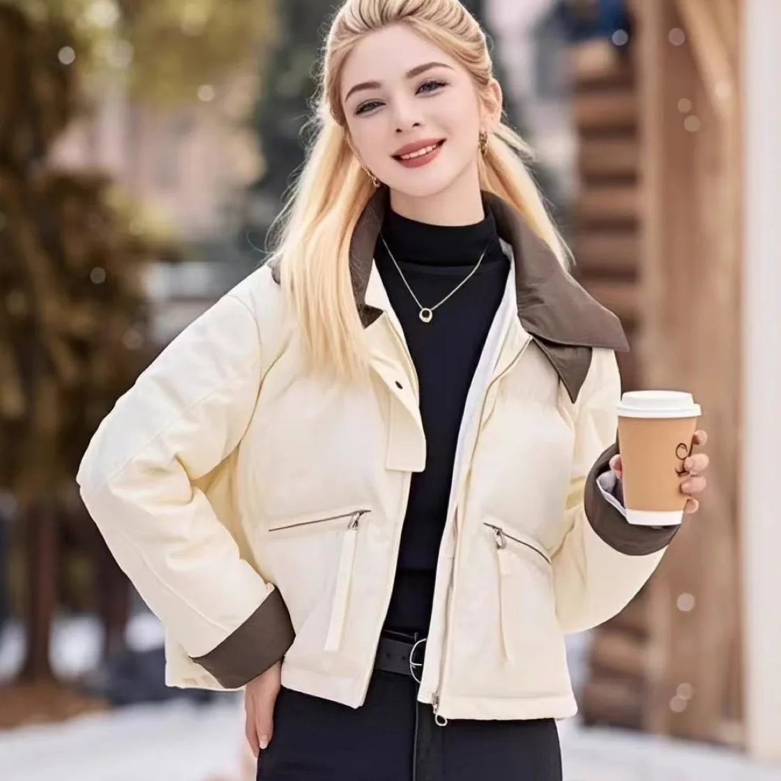 2025 Winter New Fashion Women's Contrast Color Turn-down Collar Long Sleeve Casual Trendy Simple Basic Quilted Coats Female Tops