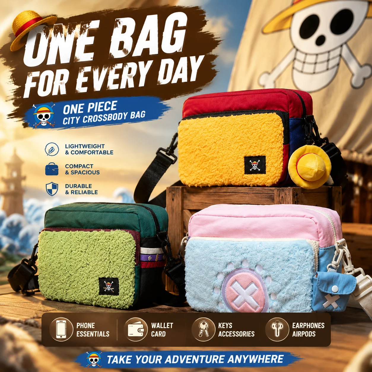 Offizielle One Piece Anime Schultertasche Luffy Zoro Chopper Umhängetasche Wasserdichte Reisetasche für Fans Sammlerstück Geschenk. – Detail 2