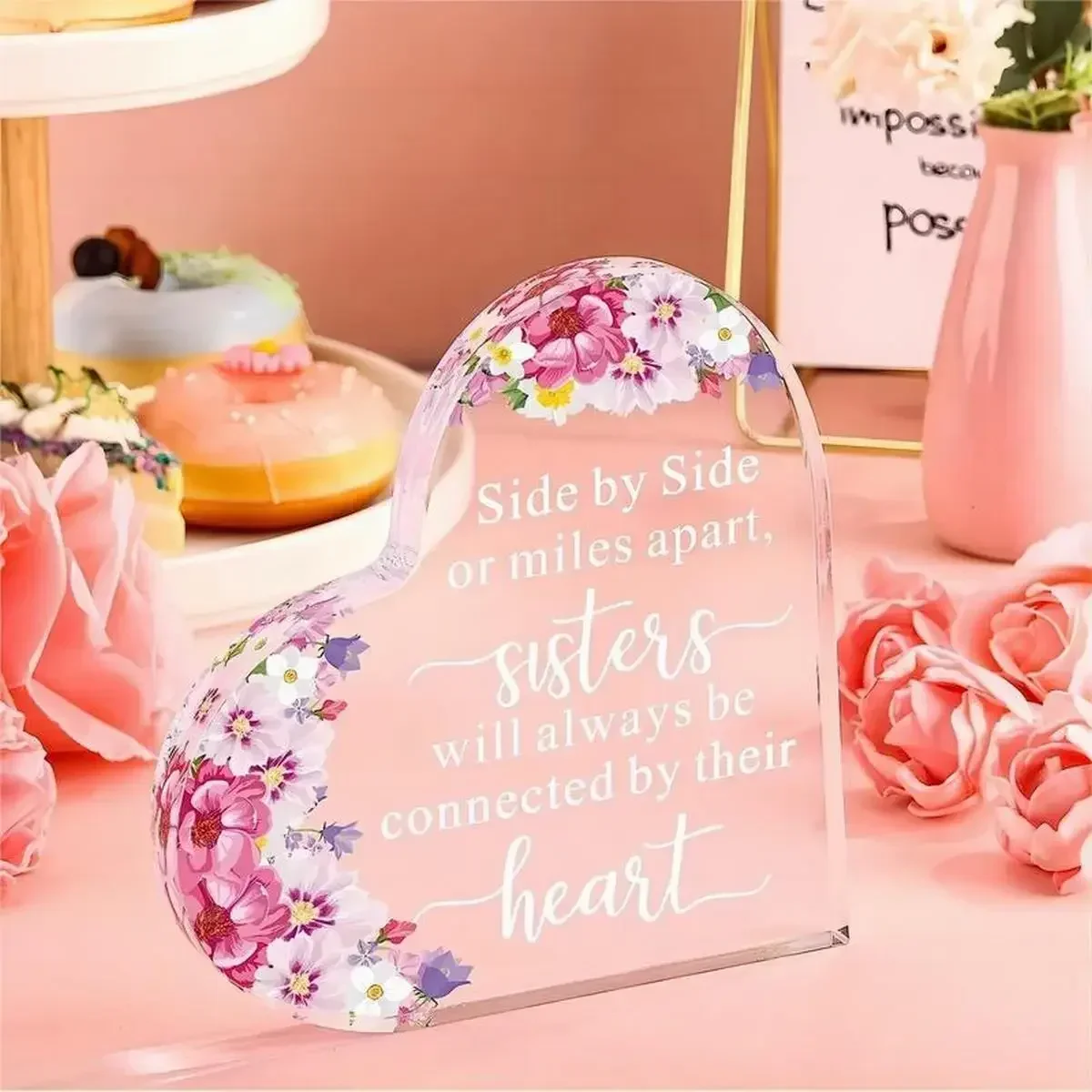 Watercolor Pink White Flowers Clear Heart Acrylic Stand Sentimental Keepsake For Sister