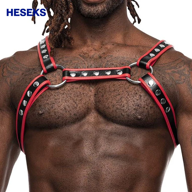 

HESEKS Black Red Faux Leather Harness Fitness Men Pecs Bigger Muscle Harness Chest Belt Gogo Dancer Club Wear Adult Costumes