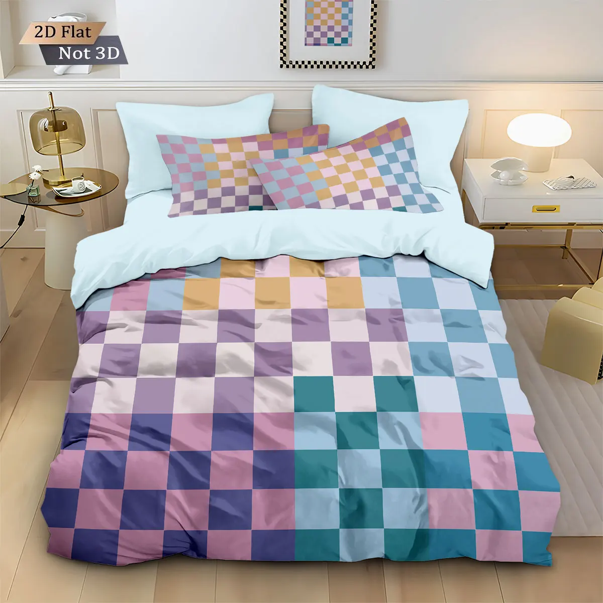 3pcs Contrasting Checkerboard Printed Coreless Down Duvet Cover Set, Multi Size Bedding Decoration, Machine Washable