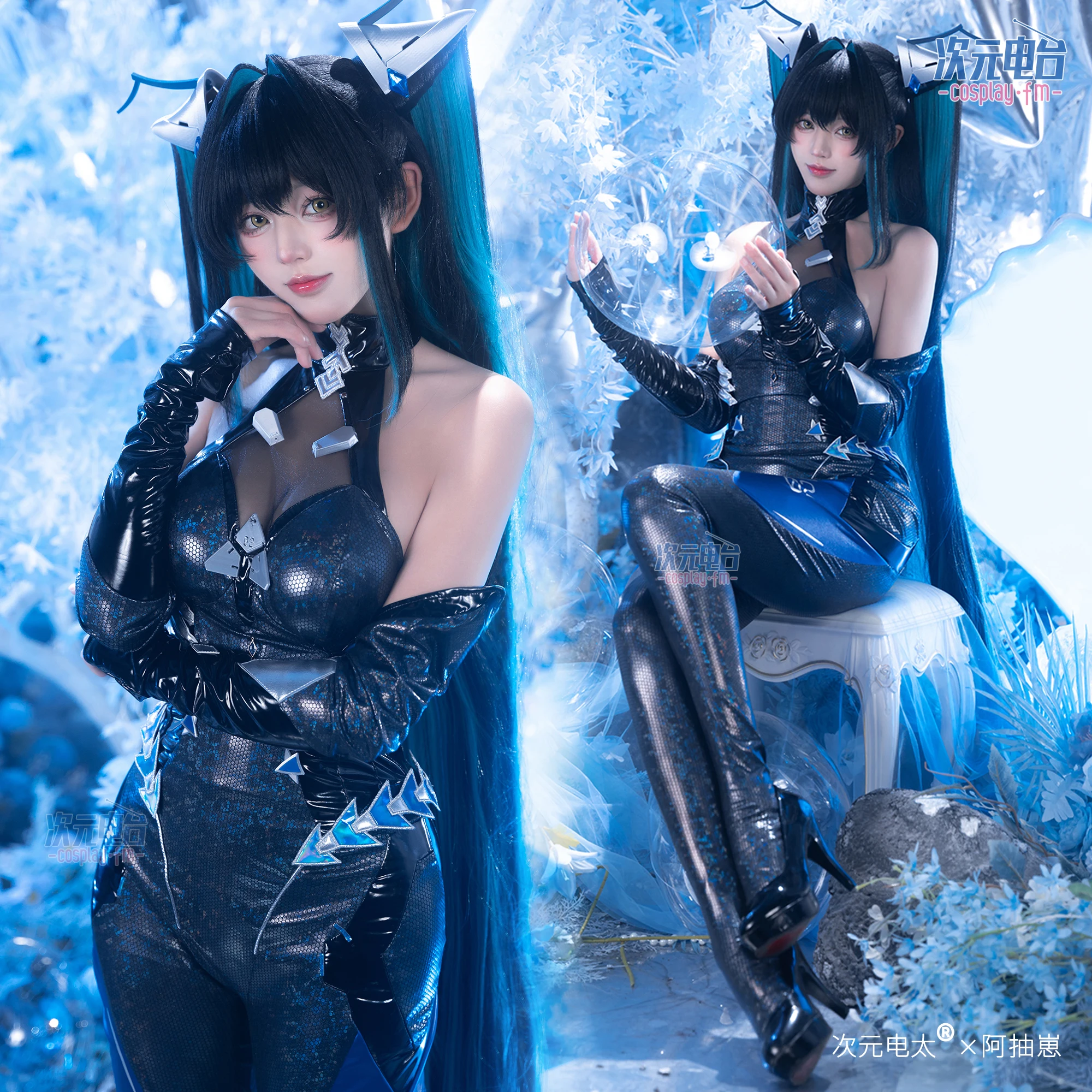 Jumpsuit Kulit Seksi Elastis dengan Headwear, Kostum Pesta Karnaval Halloween, Pakaian Anime Nikke Little Mermaid Cosplay untuk Wanita