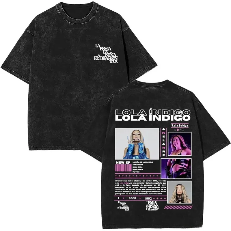 تي شيرت ريترو مغسول لولا إنديجو تور 2025 تي شيرت مريح غير رسمي فضفاض مناسب برقبة دائرية وأكمام قصيرة تي شيرت قطني مطبوع