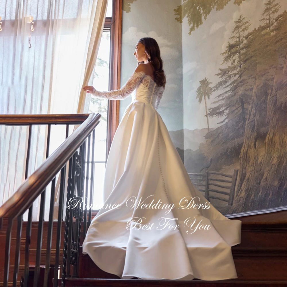 Elegant Lace A-Line Wedding Dresses Long Sleeves Strapless Pleat Open Back Satin Off The Shoulder Vestidos De Novia Customized