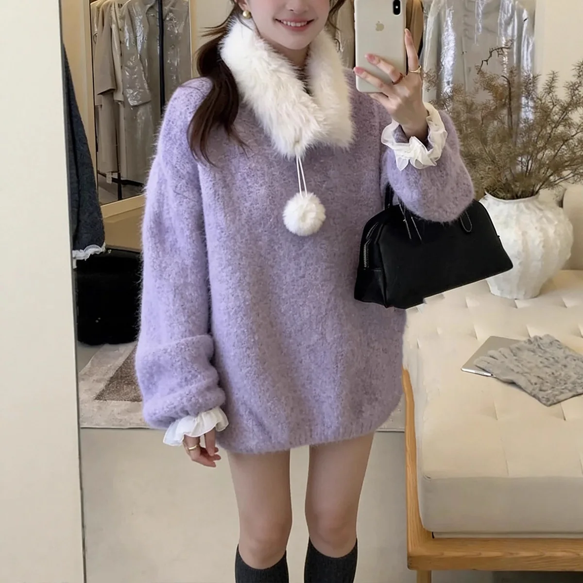 

Winter 2025 Knitted Sweater with Aosphere New Year Ruffle Sve Women's Sle Thiened Hooded Ne Design Chinese Made