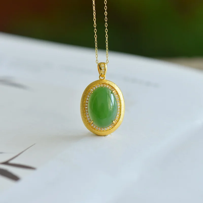 Natural Hetian Jasper-Shaped Claw Setting 925 Sterling Silver Brushed Gold Plated Pendant New Product