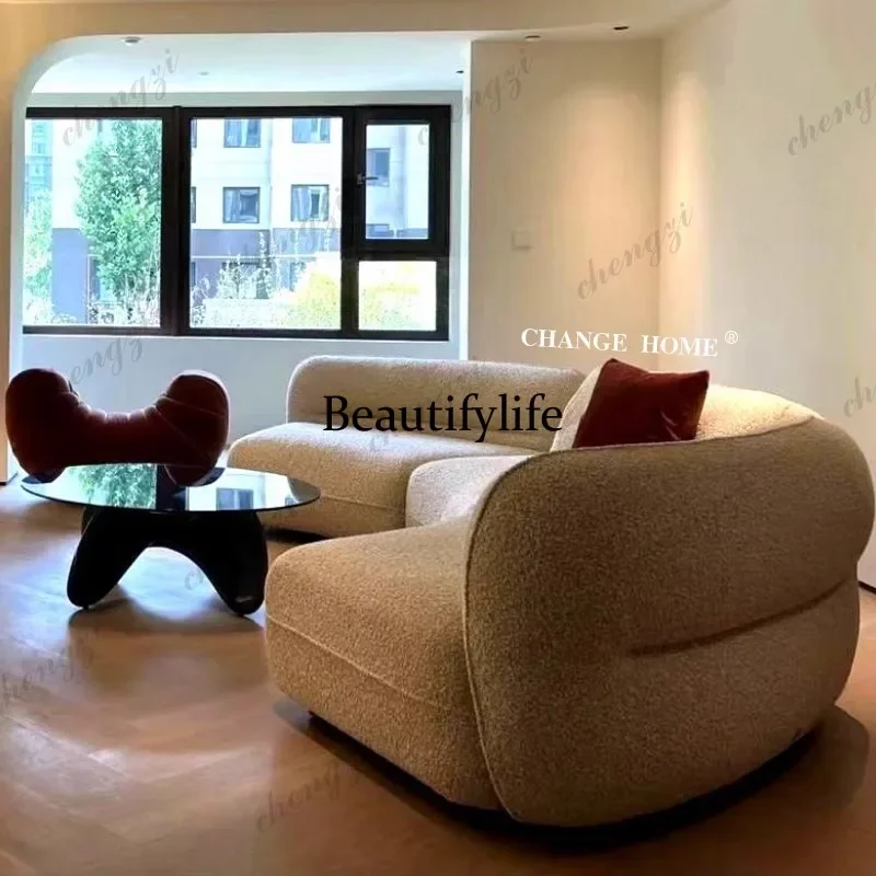 

New arrive Nordic cream fabric sofa curved living room small apartment minimalist lamb wool three-person straight sofa