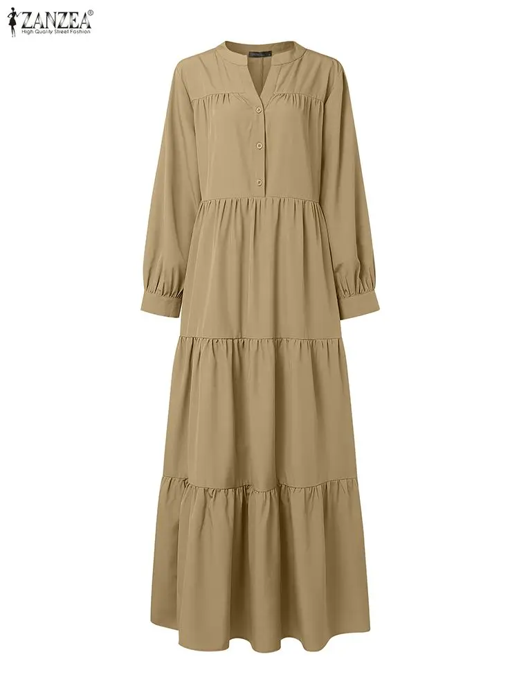 Mulheres outono causal vestidos longos manga longa com decote em v metade botões cor sólida a linha em camadas maxi vestido zanzea roupas femininas S-3XL