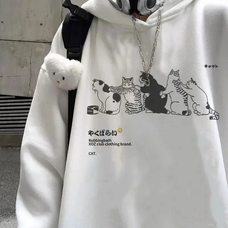 American High Street Trend Retro Cat Print Hooded Sweater for Men and Women Autumn and Winter Couple Personality Coat harajuku