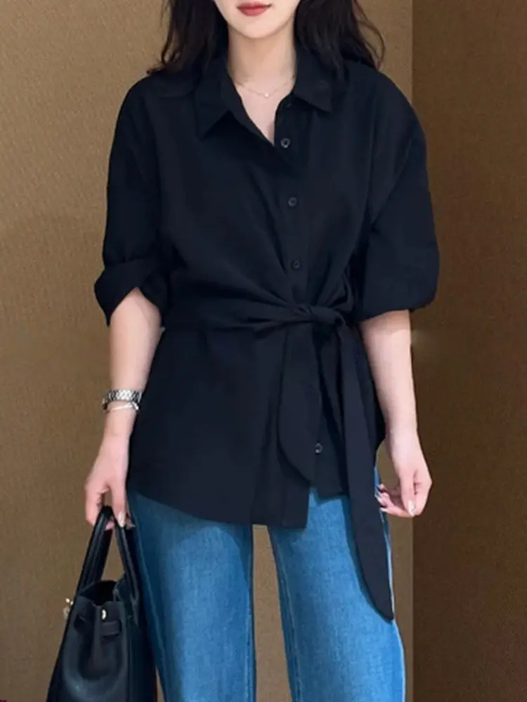 

Женская модная весенняя новинка: свободная блузка с длинным рукавом, воротником и поясом, больших размеров, для стройнящего эффекта