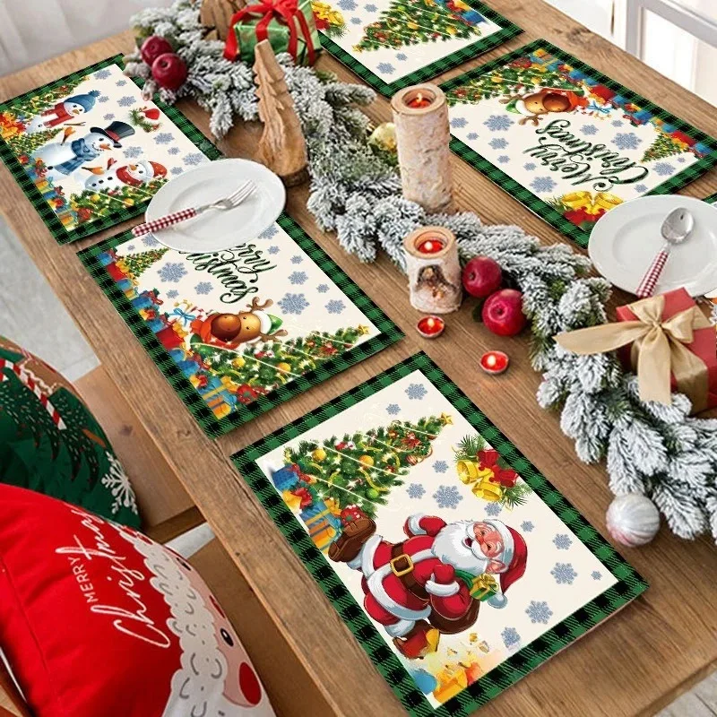 4/6/8 stücke Neue Weihnachten Tischset Festival Dekoration Set Santa Claus Leinen Geschirr Pads Tischdecke für Weihnachten Feiern