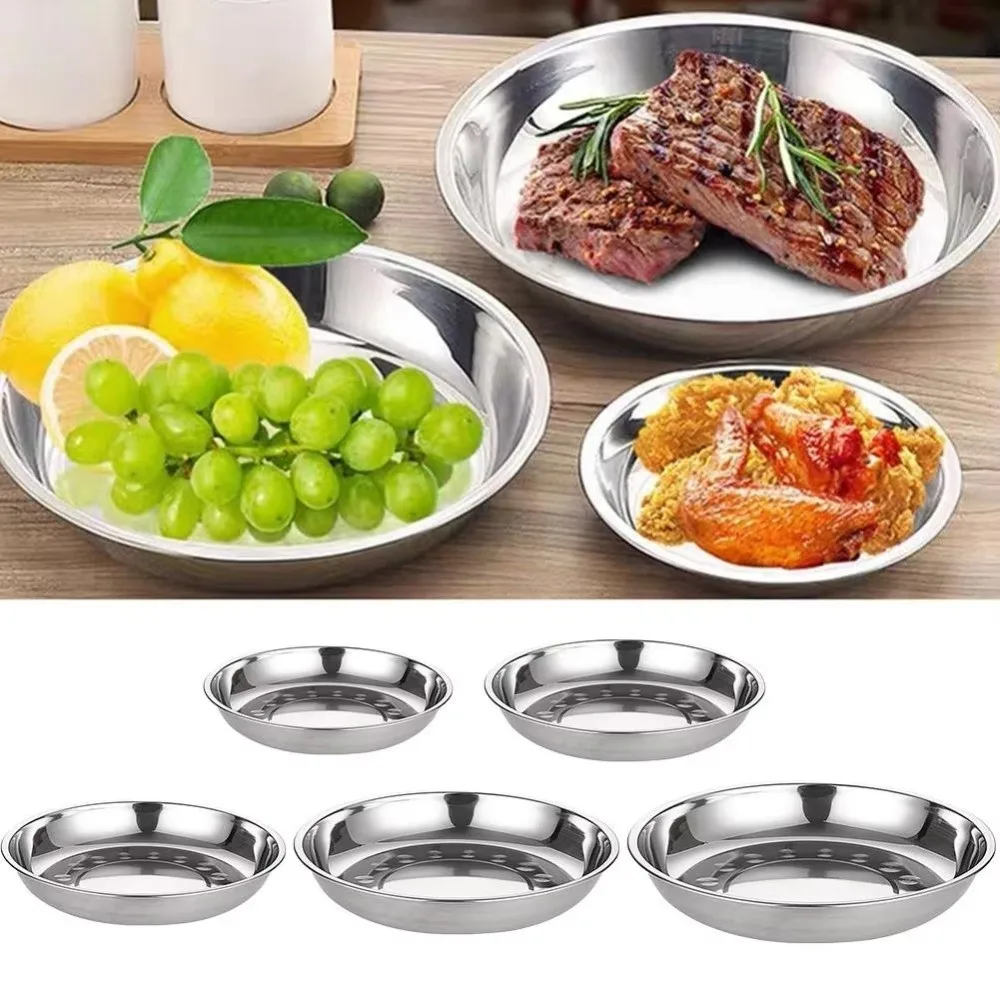 Non-Magnetic Stainless Steel Plates Reusable Round Shape Metal Serving Platter 14-28cm Multi-Size Deep Design Flat Dinnerware