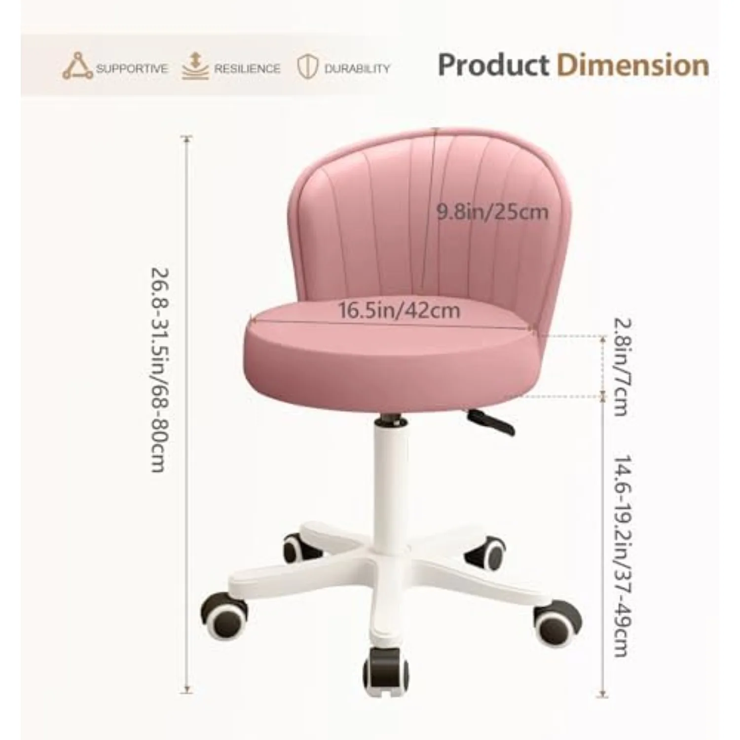 Small Round Rolling Desk Chair Armless Comfy Vanity Computer Chair with Low Backrest PU Leather Height Adjustable