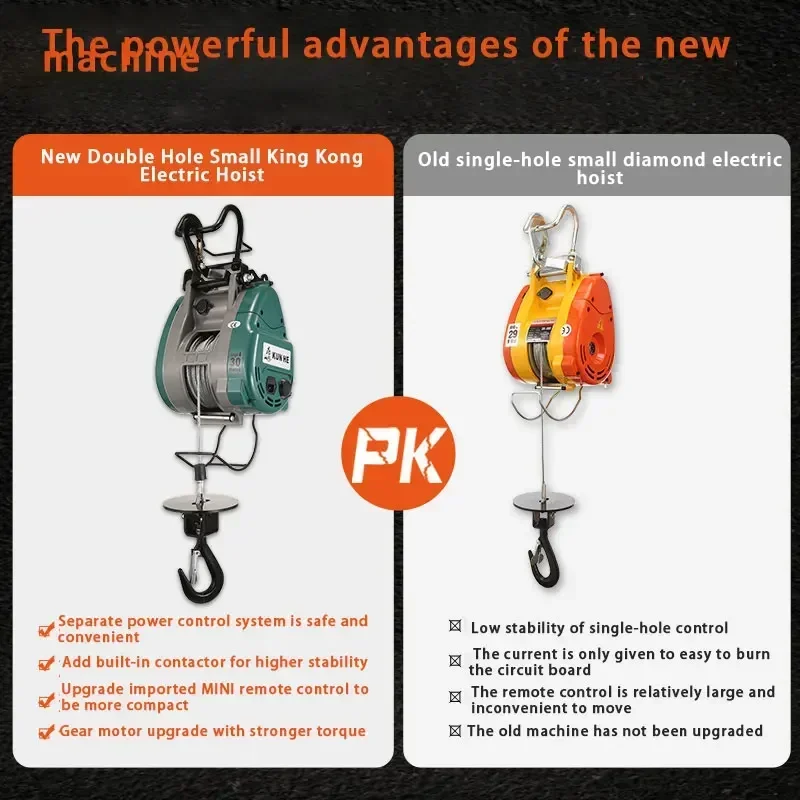 ترقية 500 كجم رافعة جديدة ترقية ثقب مزدوج رافعة كهربائية صغيرة معلقة سلك حبل المحمولة رفع 220 فولت رافعة
