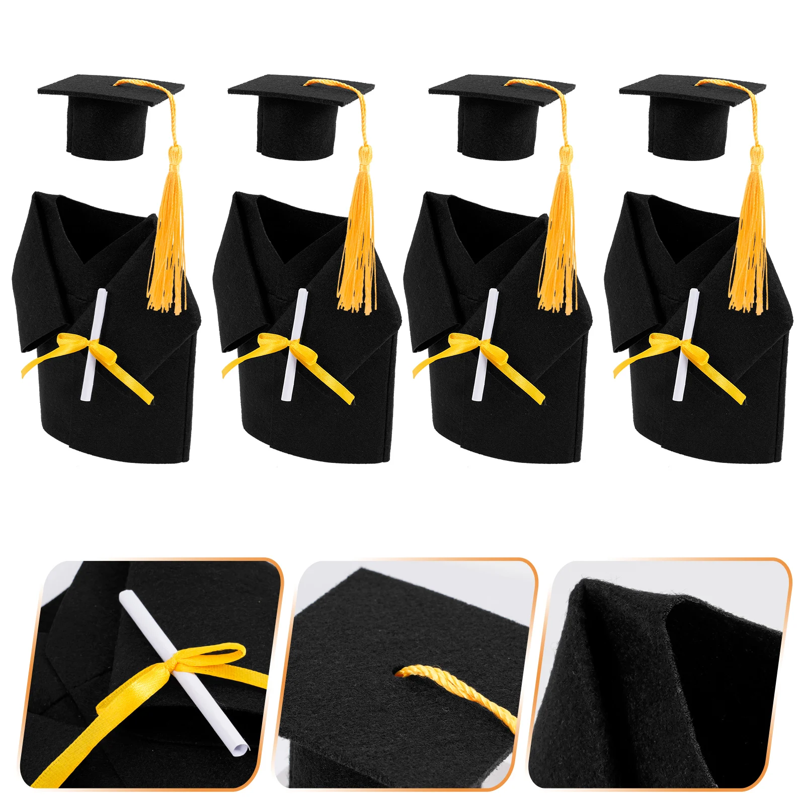 

4 set Mini Graduation Cap Bottle Toppers Doctoral Hat Wine Gown Cover For Party Beverage Stopper Glass Plug Reusable