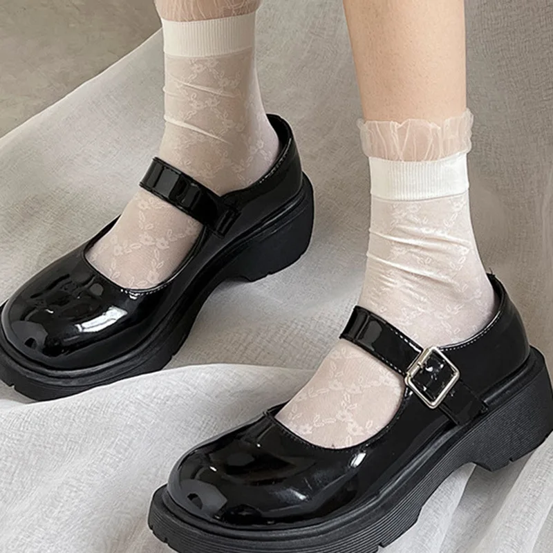 5 Pairs/Lot Woman Solid Black White Lolita Lacework Ruffle Socks Summer Thin Japanese Style Kawaii Sweet Girls Cute Short Socks