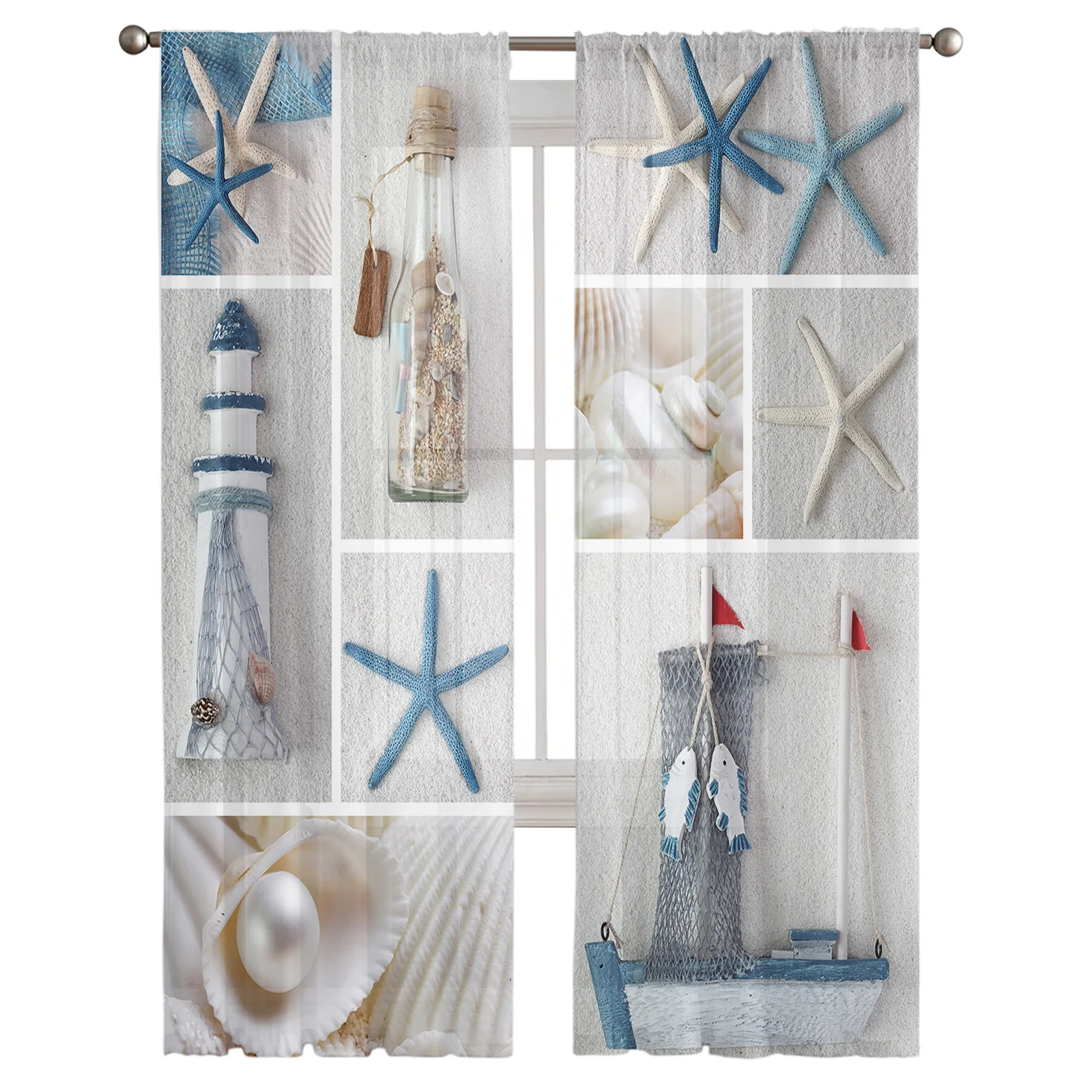 Mediterranean Lighthouse Starfish Sheer Curtains for Living Room Kitchen Tulle for Windows Voile Yarn Curtains for Bedroom