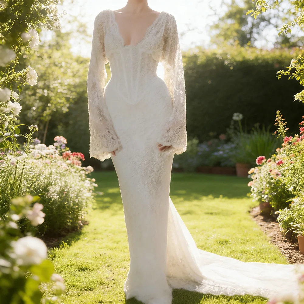 Elegant V-Neck Flare Sleeve Lace Up Sheath Floor Length Bride Wedding Dresses Bridal Gowns Customized
