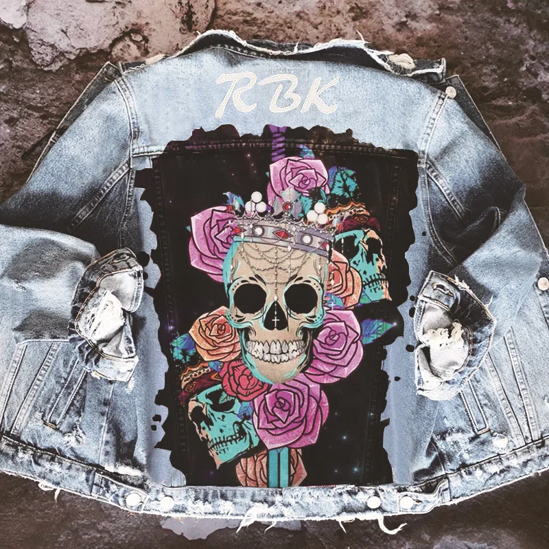 

Stylewomen's Denim Jackethigh New Street Retro Printed Skull Bones Women's Foreign Trade Europe And America Denim Jacket