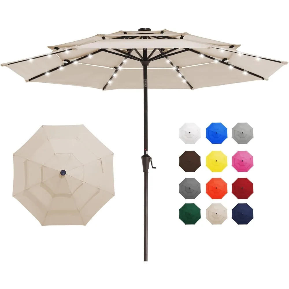 

3 Tiers Patio Umbrella with Solar Lights 9FT Outdoor Market Table Umbrellas with Push Button Tilt for Outside Garden Pool