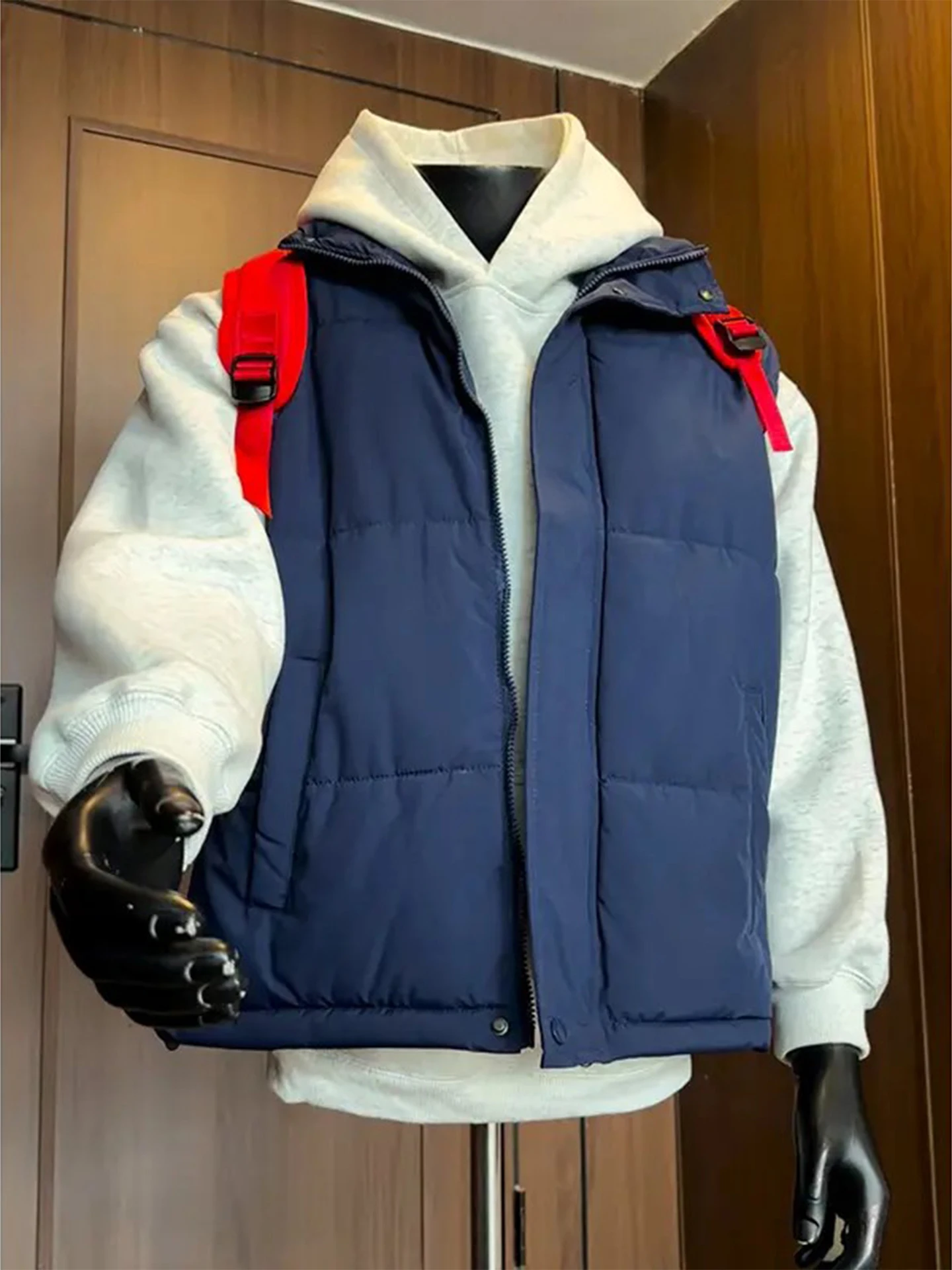 

Синий утепленный жилет с капюшоном в американском стиле, повседневный, с воротником-стойкой, на других волокнах, для осени