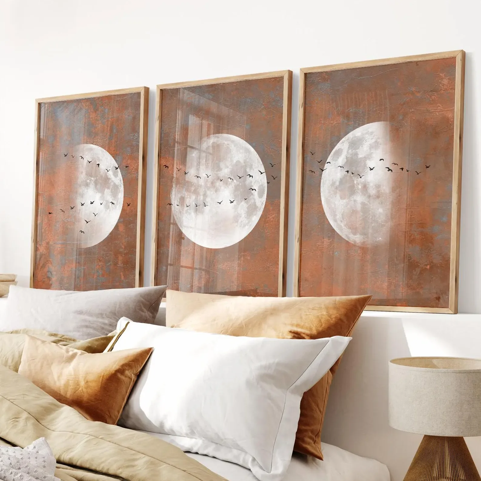 3PCS frameless decorative art print,3PCS Bronze Japandi Prints  Mystical Moon Phase Poster  Flock of Birds Orange Beige Wall  Ar