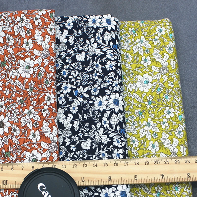 Floral Poplin Pastoral Style Cotton Fabric Red Yellow Navy for Sewing Dress Shirt Turban by Half Meter