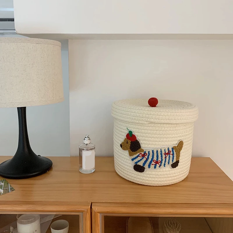 With Lid Dustproof Storage Bucket Desktop Dustproof Cute Puppy Storage Basket Woven Cotton Rope Frame Large Capacity