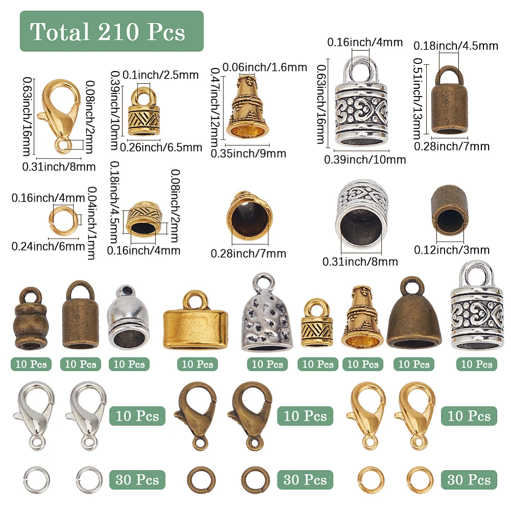 1 Box 210pcs Leather End Caps Kumihimo Bead Caps Vintage Golden Silver Tube Barrel Rope Tassel Cord Ends Terminal Kits Lobster