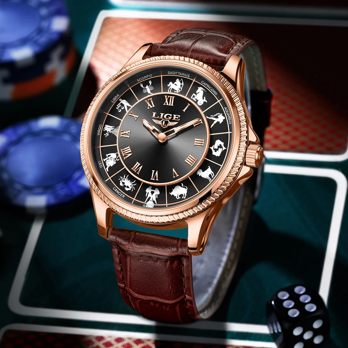 LIGE ファッション高級星座ダイヤルクォーツマンウォッチク - Zodiac Luxury Watch のレビューと価格