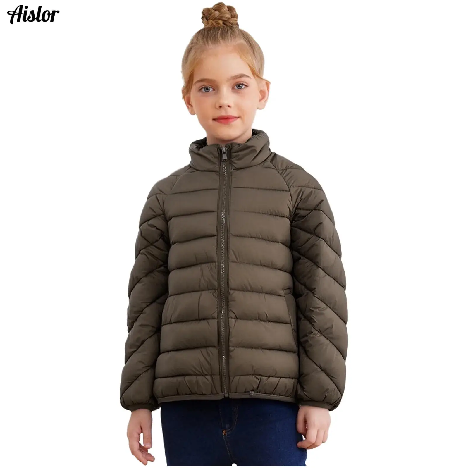 

Kids Girls Winter Lightweight Padded Jacket Coat Casual Stand Collar Long Sleeves Zip-Up Coat Outerwear for Outdoor Camping Park
