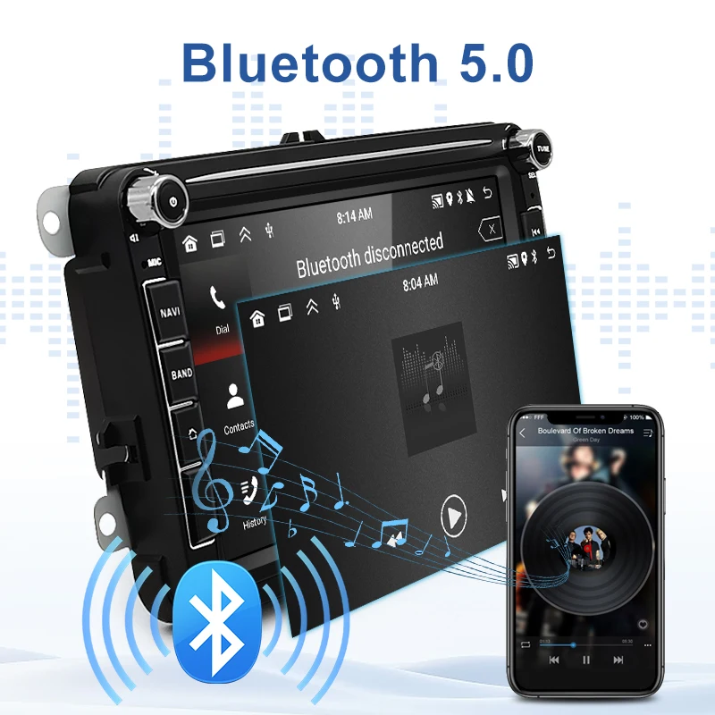 Autoradio Android CarPlay pour Volkswagen, VW Skoda, Seat Multivan T5, Golf GTI, New Beetlemintrication Video BT, WiFi, 2 Din, 8