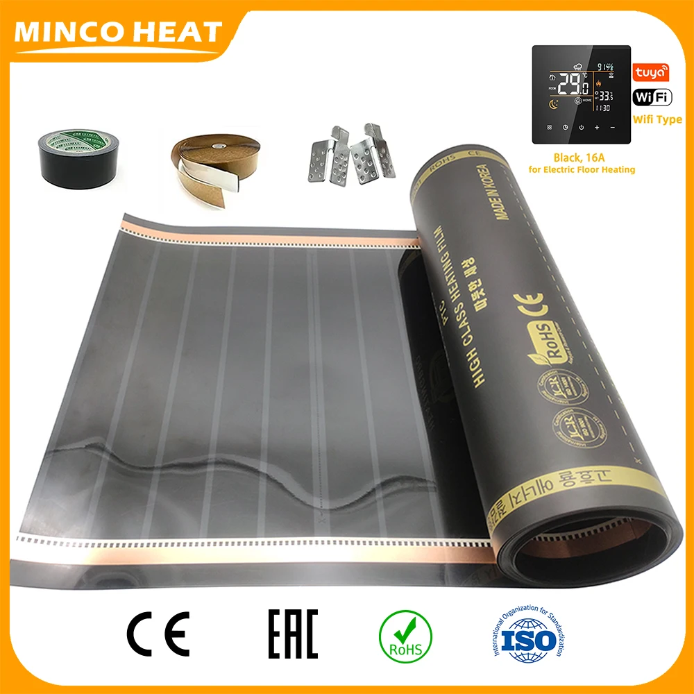 Minco Heat 50/80/100cm Width 50㎡ 240W/m2Infrared Underfloor Heating Film Graphene PTC with Tuya WiFi Thermostat Installation Kit