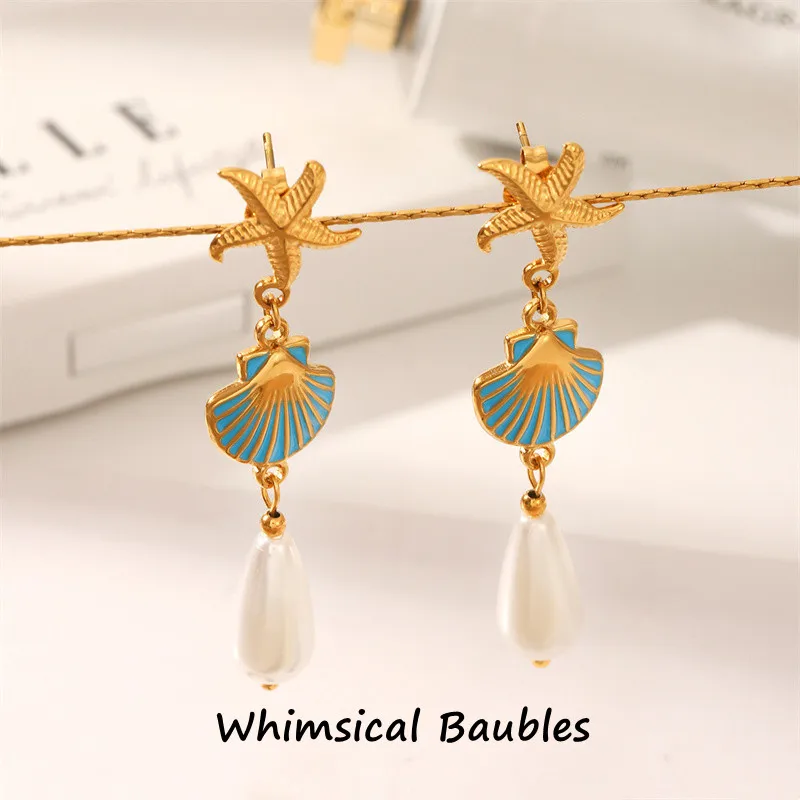 

New Design Jewelry 18K Gold Plated Stainless Steel Earrings Starfish Blue Drop Shell-shaped Pearl Earrings for Women