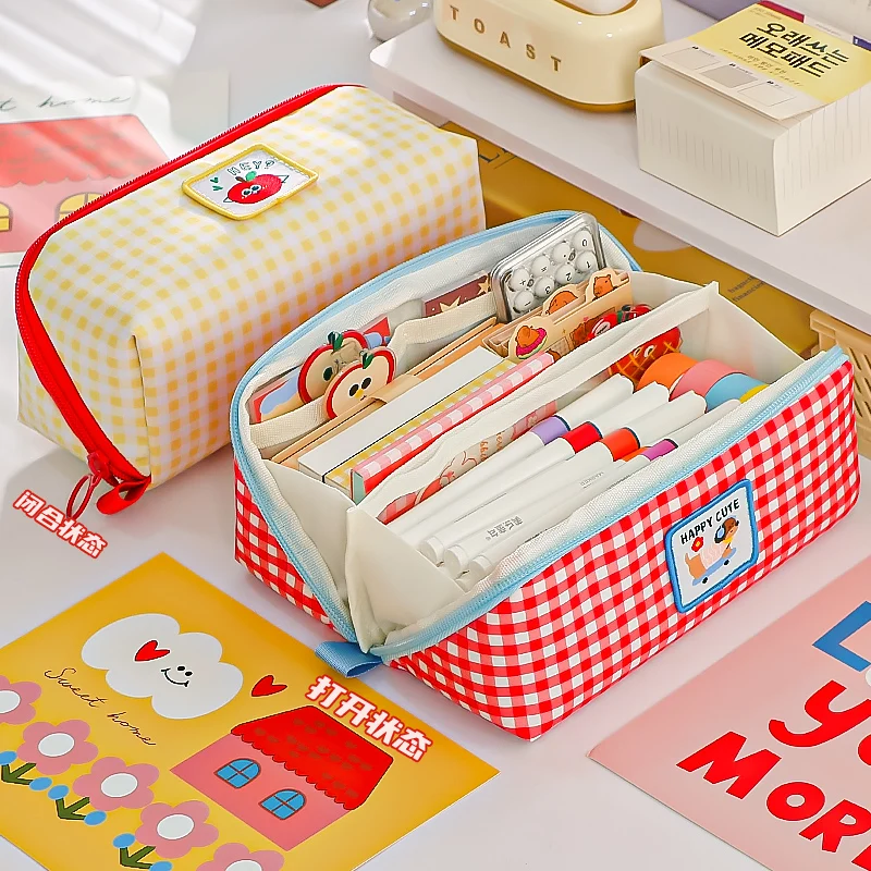 

Cute Gingham Checkered Pencil Bag Large Capacity Multi-grid Stationery Organizer Portable Zipper Pen Case for Kids School Office