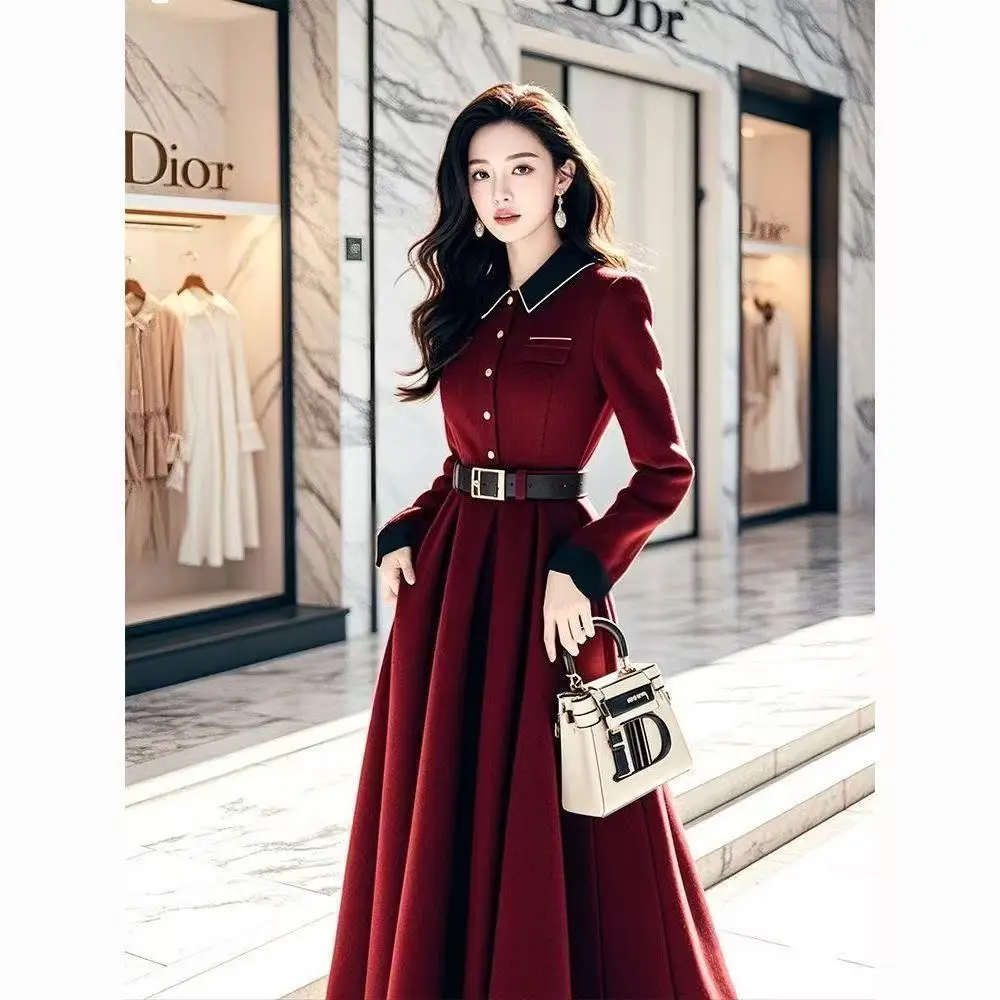 

France Style Wine Dress Women's Autumn Winter Waist Cinching Overcoat Festive Red Formal Long Skirt Xmas New Year Dress Female