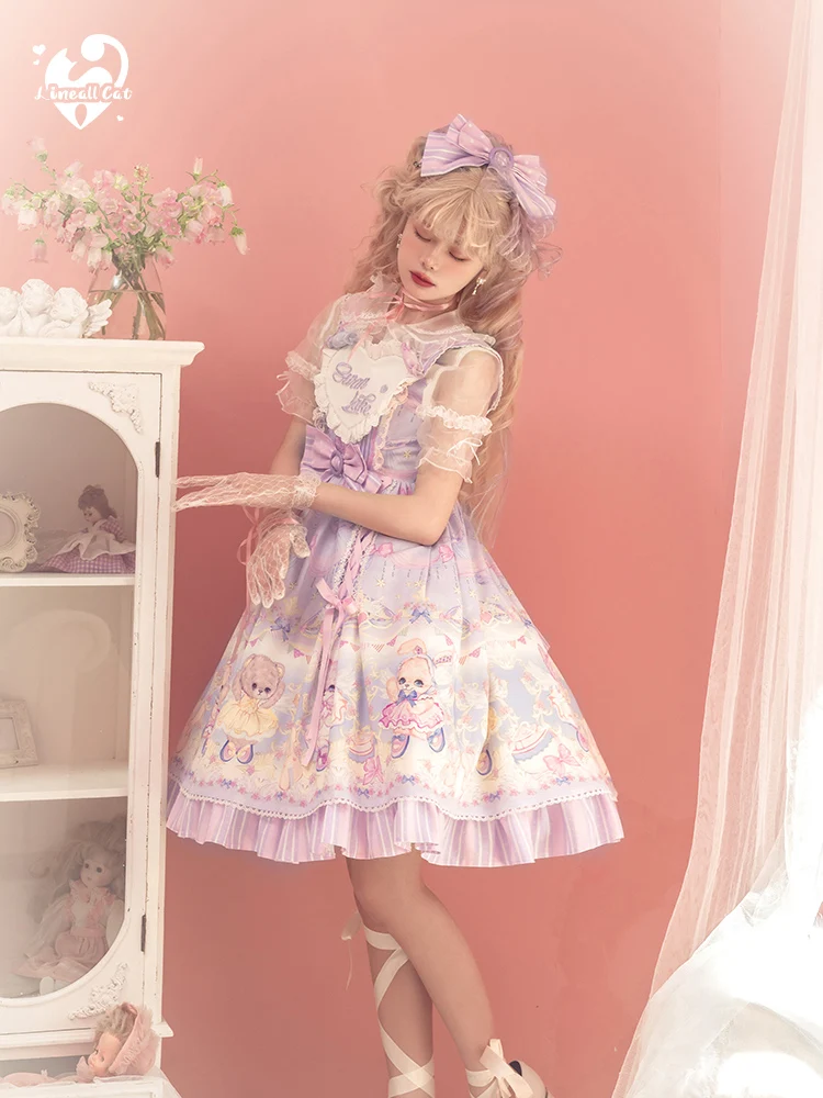 Robe Sweet Lolita Vintage Falbala Bowvétérans t pour filles, impression mignonne, taille haute, princesse victorienne, gothique Kawaii, Jsk Loli