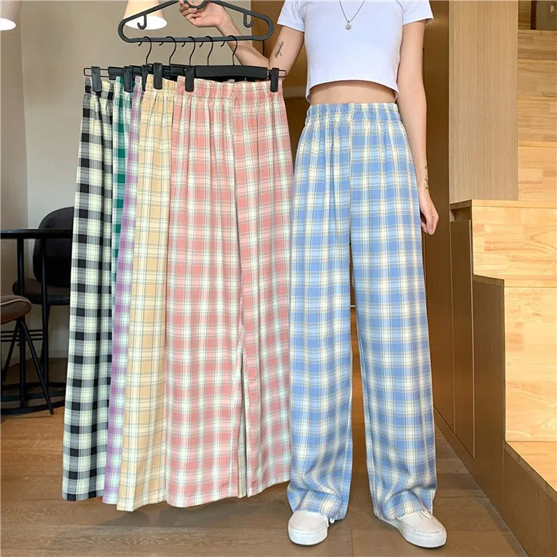 Black Women Plaid Pants Casual Oversize Loose Wide Leg Trouser Retro Teens Harajuku Hip-hop All-match Streetwear S - 3XL