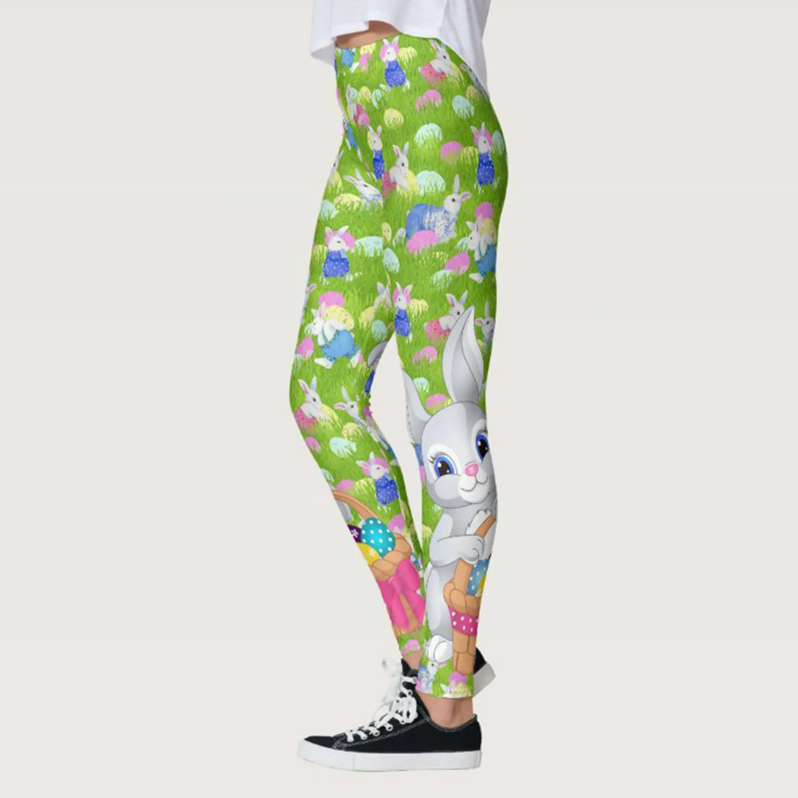 Mallas deportivas con estampado de conejo de dibujos animados para mujer, pantalones largos de Yoga, mallas elásticas de cintura alta, levantamiento de cadera, día de Pascua